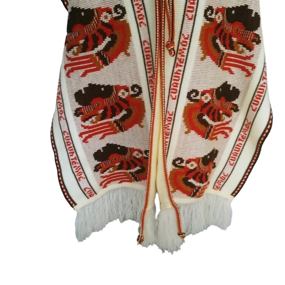 Vintage Intarsia Knit Poncho Beige Orange Brown - Picture 6 of 9